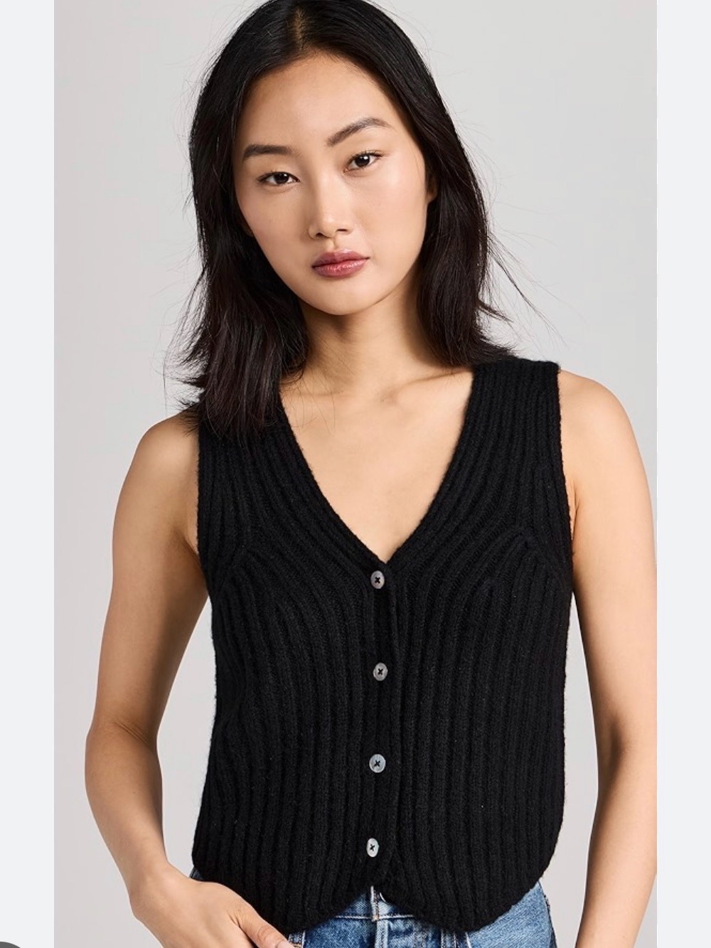 Favorite Daughter Black Ribbed V-Neck Button Front Sweater Vest
